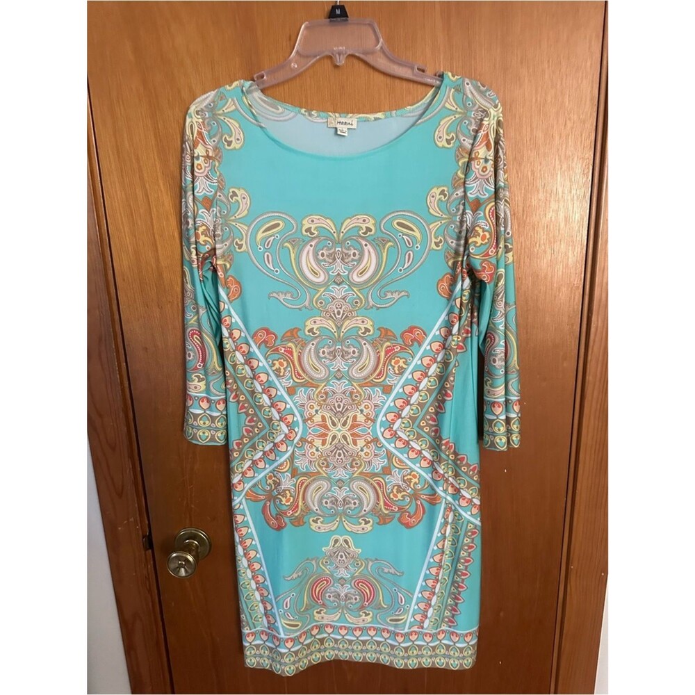Haani Aqua Teal Mirror Paisley Print Stretch Sheath Dress Size L